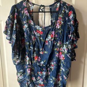 Maurices Navy Floral Blouse with Ruffle Sleeves